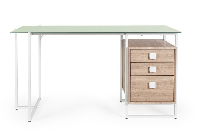 Scrivania "Thomas" con cassettiera, color bianco-naturale, 142 x 69 x 76h cm