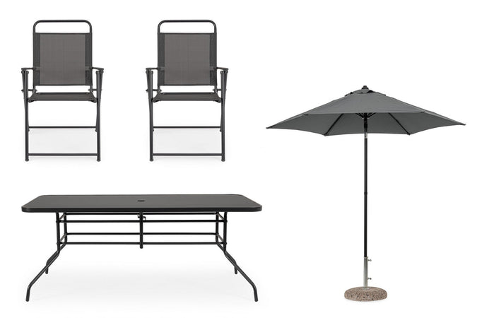 Set tavolo "Pompei" con sedie e ombrellone, in alluminio verniciato antracite, per esterno