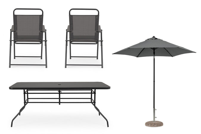 Set tavolo "Pompei" con sedie e ombrellone, in alluminio verniciato antracite, per esterno