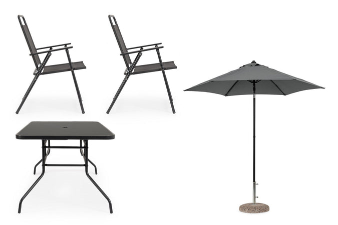 Set tavolo "Pompei" con sedie e ombrellone, in alluminio verniciato antracite, per esterno