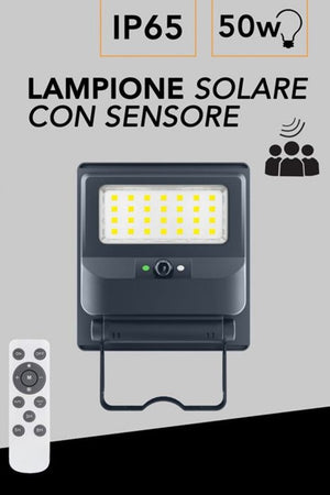 Lampione Faro Con Pannello Solare 50 Watt Sensore Crepuscolare Luce Fredda Ip65 Es-p-50f