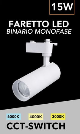 Faretto Led 15w Orientabile Per Binario Monofase Direzionabile Cct Switch Ip20 Fm-15w-3c