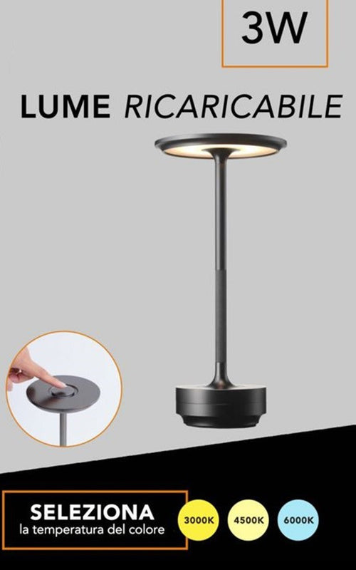 Lampada Da Tavolo Moderna 3w Lume Ricaricabile Touch Dimmerabile Tecnologia Cct D38-3c