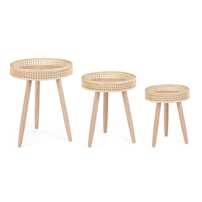 Tavolino Almas gambe in legno di pino e top in rattan per arredamento set da 3