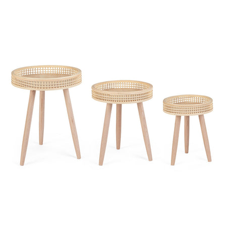 Tavolino "Almas" gambe in legno di pino e top in rattan per arredamento set da 3