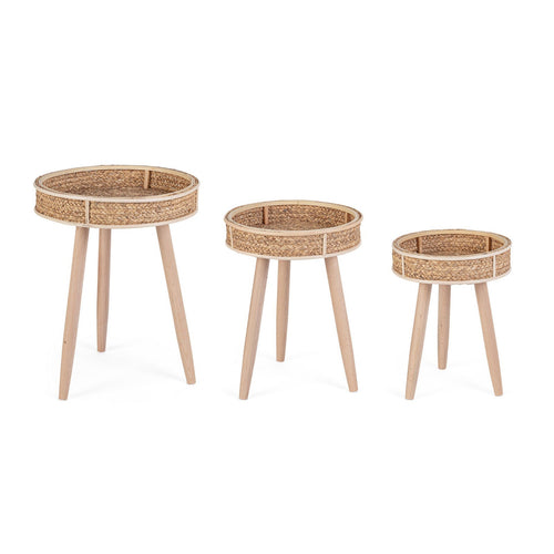 Tavolino Clevon struttura in materiale vegetale e rattan per arredamento set da 3