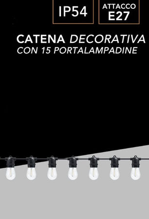 Catena Luminosa Con 15 Portalampada E27 Luci Decorative Prolungabile Ip54 P01-s01-15