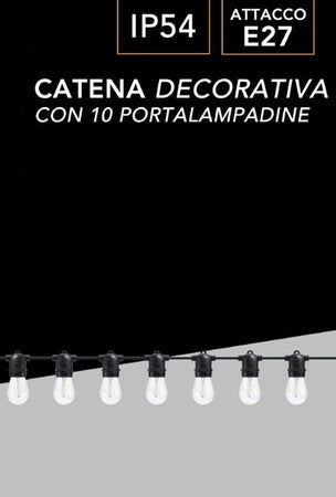 Catena Luminosa Con 10 Portalampada E27 Luci Decorative Prolungabile Ip54 P01-s01-10