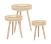 Tavolino Almas gambe in legno di pino e top in rattan per arredamento set da 3