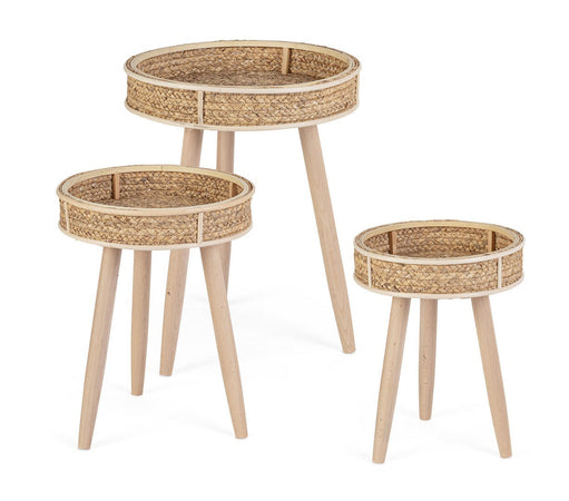 Tavolino "Clevon" struttura in materiale vegetale e rattan per arredamento set da 3