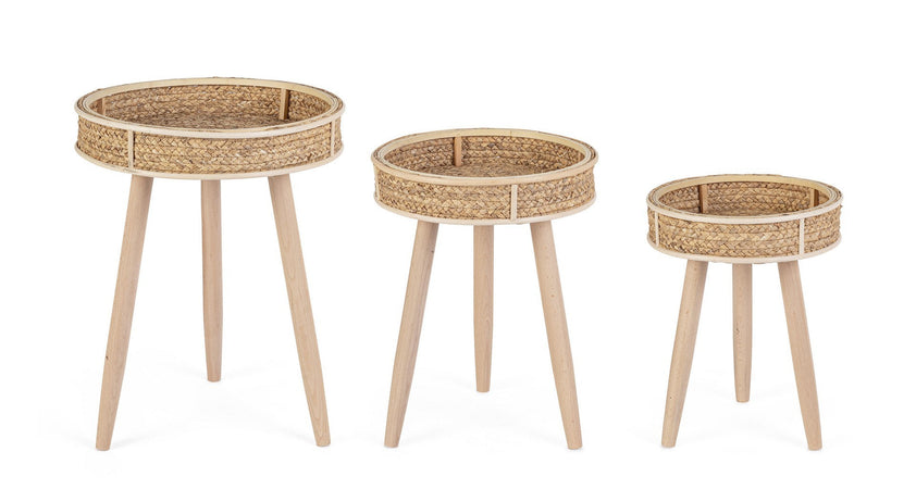 Tavolino "Clevon" struttura in materiale vegetale e rattan per arredamento set da 3