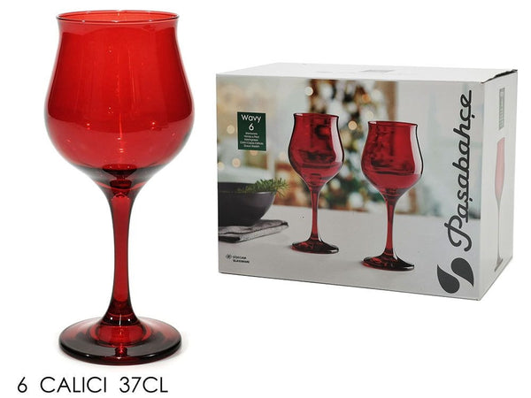 Set 6 Calici Vino Rosso 37 cl Forma Tulipano Vetro Rosso Festivo Per Brindisi Natale