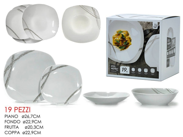 Set Servizio Di Piatti In Porcellana 19pz Forma Quadrata Con Motivo Astratto Linee Grigie