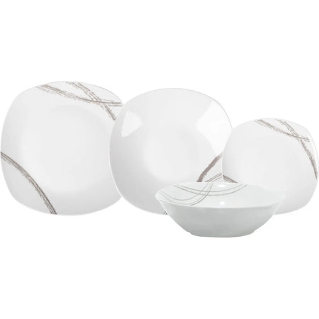 Set Servizio Di Piatti In Porcellana 19pz Forma Quadrata Con Motivo Astratto Linee Grigie