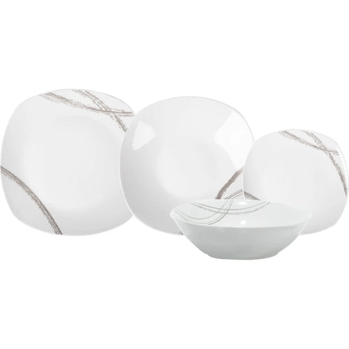 Set Servizio Di Piatti In Porcellana 19pz Forma Quadrata Con Motivo Astratto Linee Grigie