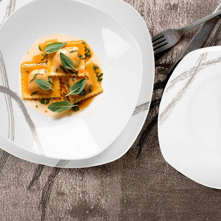 Set Servizio Di Piatti In Porcellana 19pz Forma Quadrata Con Motivo Astratto Linee Grigie
