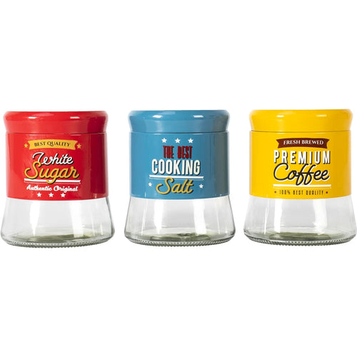 Set 3 Pz Barattoli In Vetro Latta Decorati Con Etichette In Stile Vintage Capacità 700 Ml