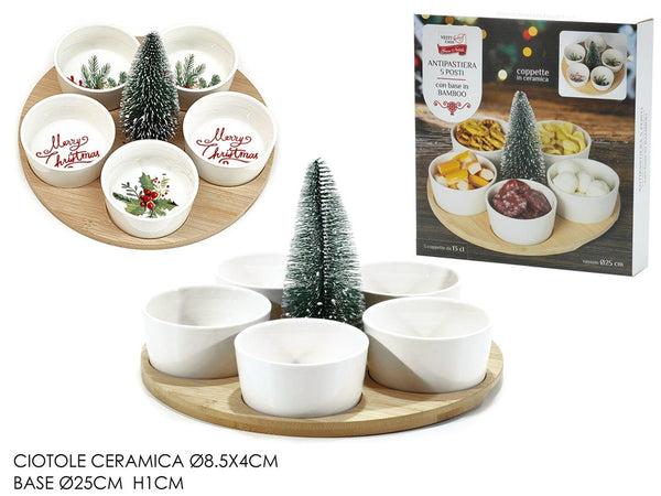 Set Antipastiera 5 Posti Per Antipasti Di Natale Con Base In Bamboo Coppette In Ceramica