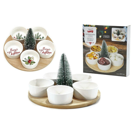 Set Antipastiera 5 Posti Per Antipasti Di Natale Con Base In Bamboo Coppette In Ceramica