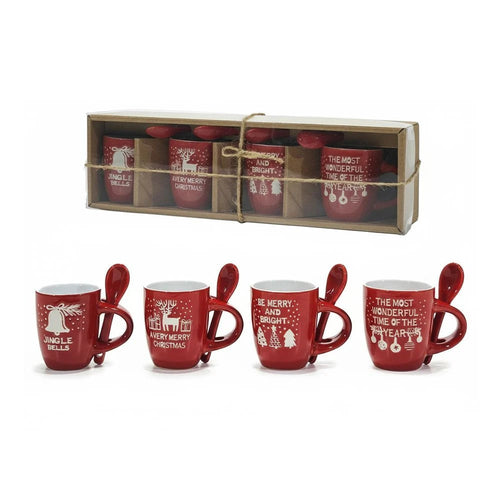 Set 4 Tazzine Natalizie Decorate In Ceramica Capacità 7 Cl Con Cucchiaini Coordinati