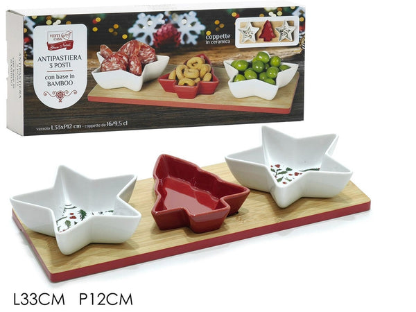 Antipastiera 3 Posti Con Vassoio Base In Bamboo 33x12cm 3 Coppette In Ceramica Natalizie
