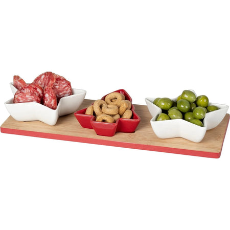 Antipastiera 3 Posti Con Vassoio Base In Bamboo 33x12cm 3 Coppette In Ceramica Natalizie
