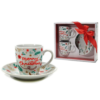 Set 2pz Tazzine Da Caffè Da 8 Cl Bianche Con Piattino In Ceramica Con Decoro Natalizio