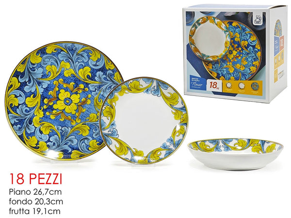 Set Servizio Di Piatti In Porcellana 18pz Decorazione Floreali In Stile Maiolica Da Tavola