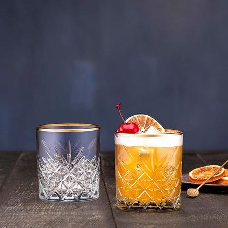 Set 4pz Bicchiere In Vetro Design Elegante Con Bordino Dorato 34,5cl Per Whisky Cocktail