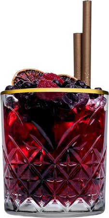 Set 4pz Bicchiere In Vetro Design Elegante Con Bordino Dorato 34,5cl Per Whisky Cocktail