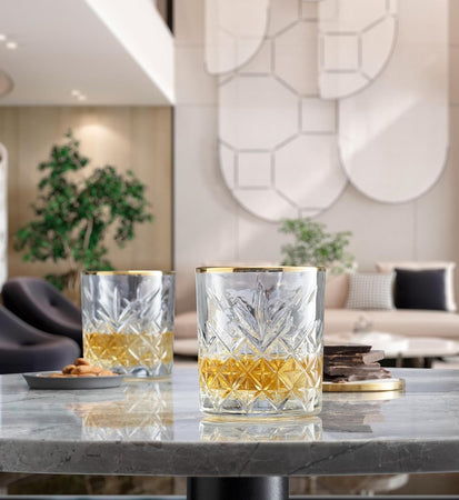 Set 4pz Bicchiere In Vetro Design Elegante Con Bordino Dorato 34,5cl Per Whisky Cocktail