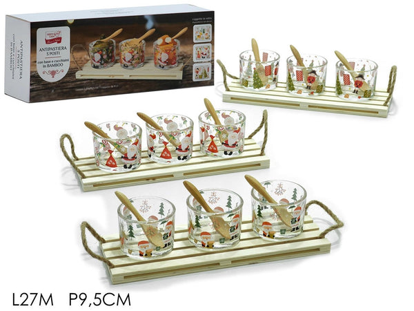 Antipastiera 3 Posti Con Vassoio Base Cucchiai In Bambù Coppette In Vetro Decoro Natalizio