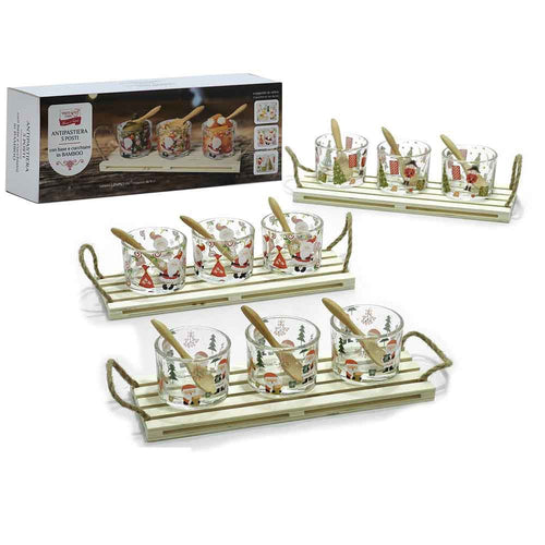 Antipastiera 3 Posti Con Vassoio Base Cucchiai In Bambù Coppette In Vetro Decoro Natalizio