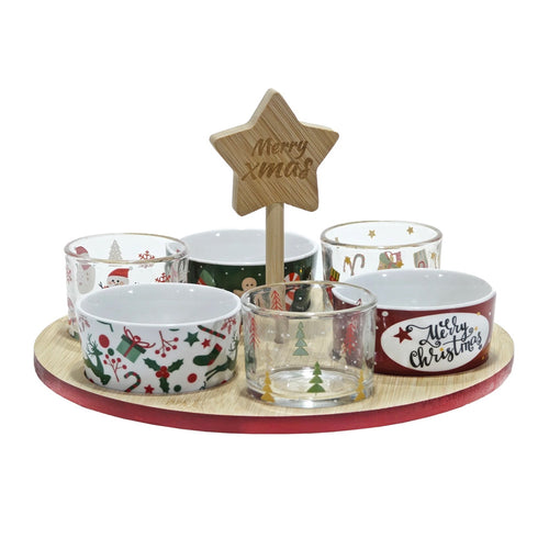 Set Antipastiera Natalizia Base Rotonda In Bamboo ø 27 Cm Con 6 Ciotole Assortite