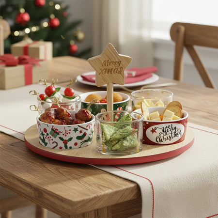 Set Antipastiera Natalizia Base Rotonda In Bamboo ø 27 Cm Con 6 Ciotole Assortite