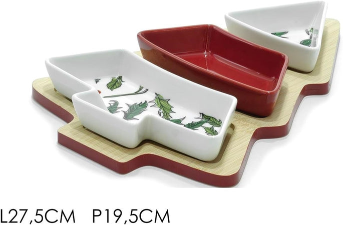 Antipastiera A 3 Scomparti In Bianco Rosso Agrifoglio Albero Di Natale Decorazione Tavola
