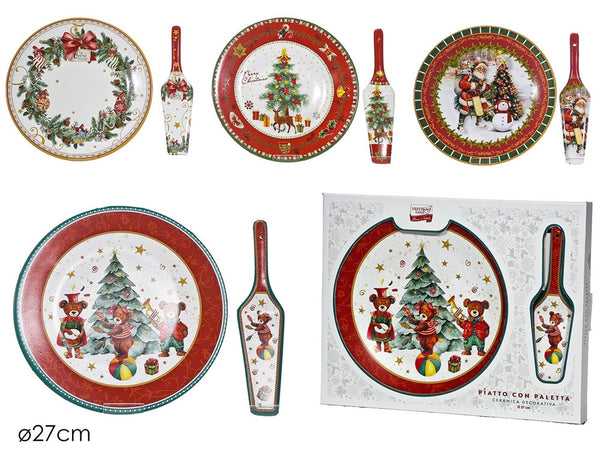 Set Piatto Rotondo + Paletta Coordinata Di Natale In Ceramica Decorativa ø27cm 4 Modelli