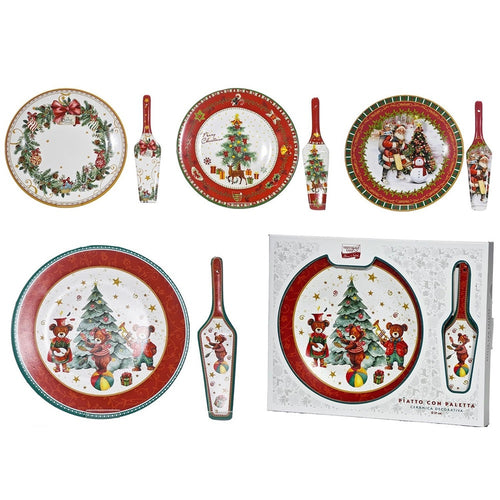 Set Piatto Rotondo + Paletta Coordinata Di Natale In Ceramica Decorativa ø27cm 4 Modelli