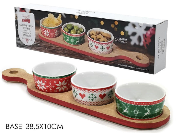 Antipastiera Natalizia 3 Coppette Con Tagliere Base In Bamboo Aperitivo Tavola Cucina