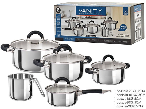Set Batteria Di Pentole 9pz Per Induzione In Acciaio Triplo Strato Con Coperchi In Vetro