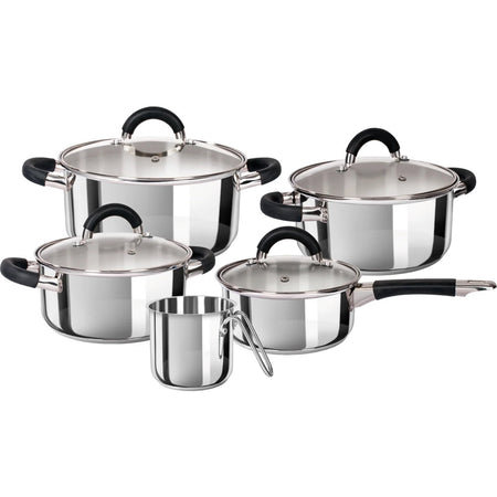 Set Batteria Di Pentole 9pz Per Induzione In Acciaio Triplo Strato Con Coperchi In Vetro