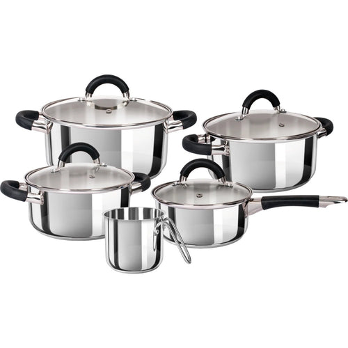 Set Batteria Di Pentole 9pz Per Induzione In Acciaio Triplo Strato Con Coperchi In Vetro