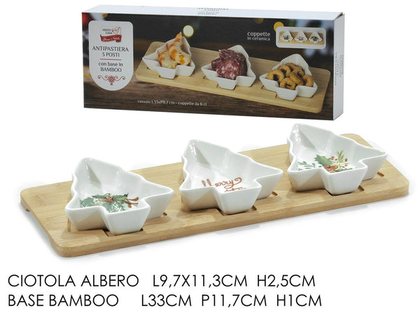 Antipastiera Elegante 3 Posti Con Ciotole In Ceramica Forma Albero Natale Base In Bambù