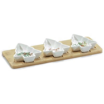 Antipastiera Elegante 3 Posti Con Ciotole In Ceramica Forma Albero Natale Base In Bambù