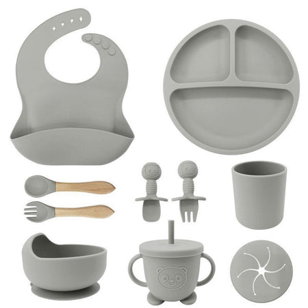 Set 10pz Pappa Svezzamento Bambini Silicone Piatto Ciotola Cucchiaio Forchetta Bavaglini