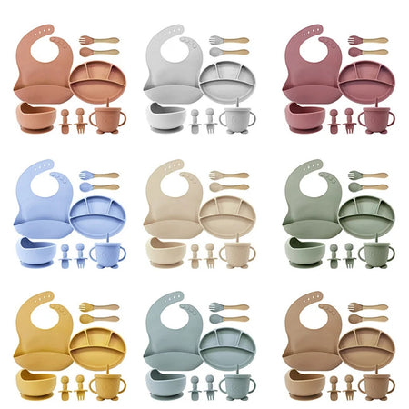 Set 10pz Pappa Svezzamento Bambini Silicone Piatto Ciotola Cucchiaio Forchetta Bavaglini