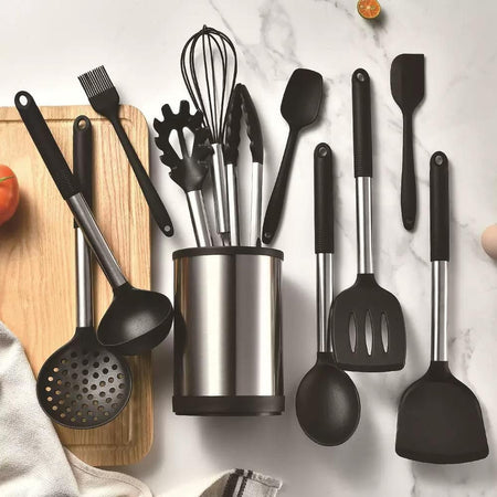 Set 12pz Utensili Da Cucina Mestoli In Silicone Acciaio Antiaderente Portaposate Girevole