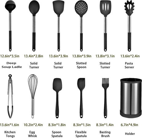 Set 12pz Utensili Da Cucina Mestoli In Silicone Acciaio Antiaderente Portaposate Girevole