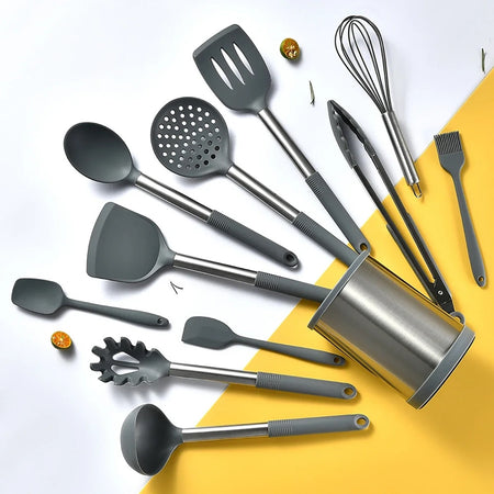 Set 12pz Utensili Da Cucina Mestoli In Silicone Acciaio Antiaderente Portaposate Girevole