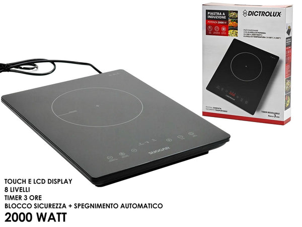 Piastra A Induzione Display Lcd Touch 8 Livelli Potenza Temperatura 2000w Timer Regolabile